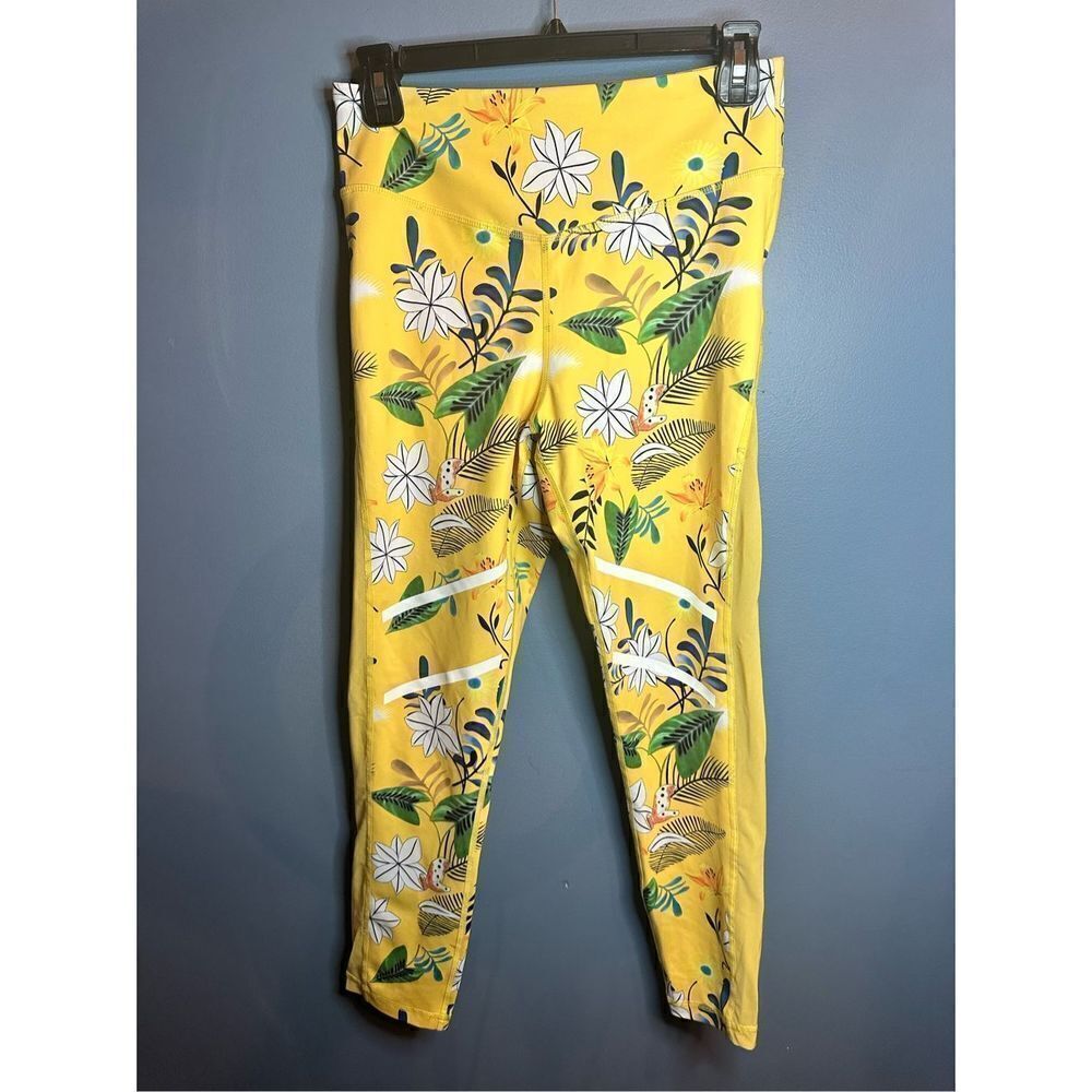 Zyia Active Women's Yellow Floral Mid Rise Leggings Skinny Stretch Size 6-8